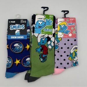 The Smurfs Lot of 3 Crew Socks Smurfette‎ Petros 7-12 Blue Green Pink NWT